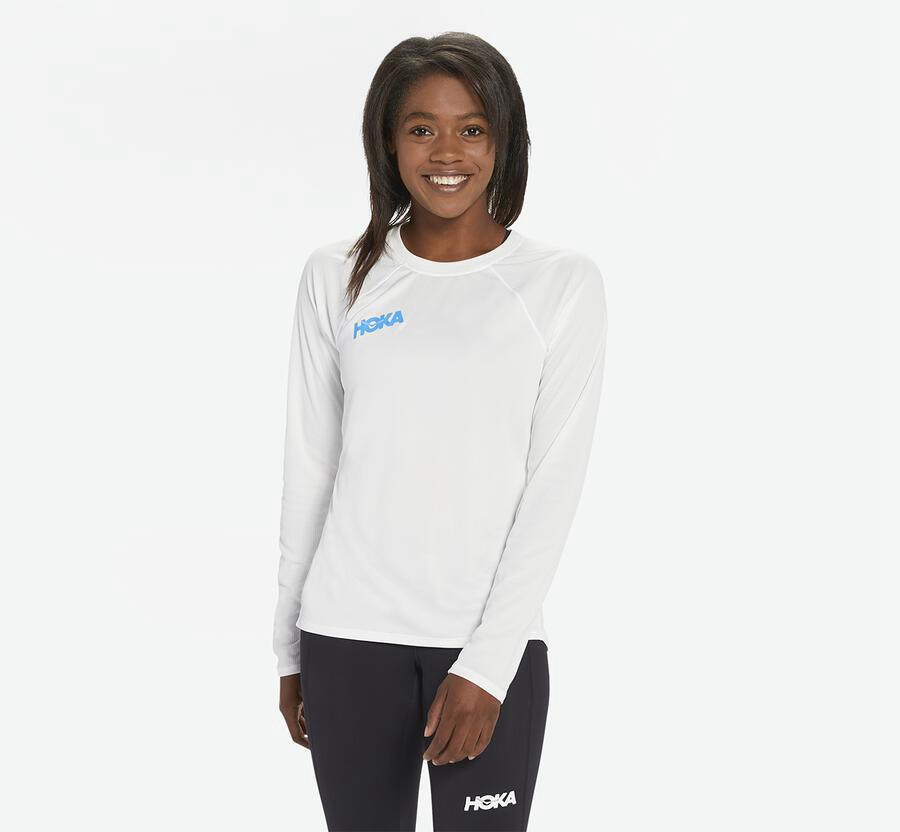 Hoka Australia One One Performance Long Sleeve - Womens Tops White - UEARW-4985